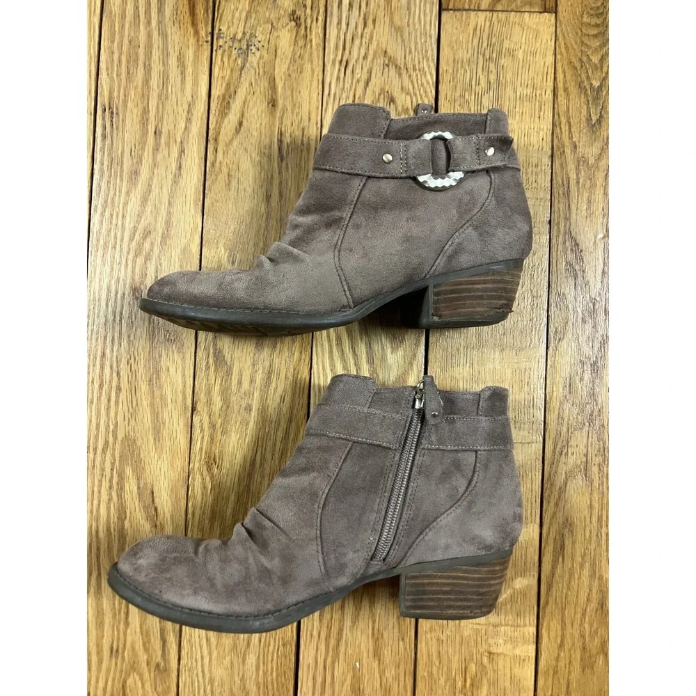 Brown Suede Ankle Boots Buckle Zip Side Block‎ Heel Casual Fashion